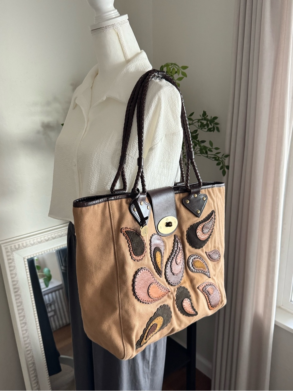 Mulberry Radeliffe Paisley Appliqué Canvas Tote in Tan and Brown - Picture 7 of 12